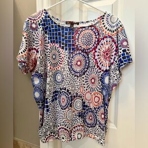 The Limited, Outback Red collection top. Red, white, and blue mesh top.